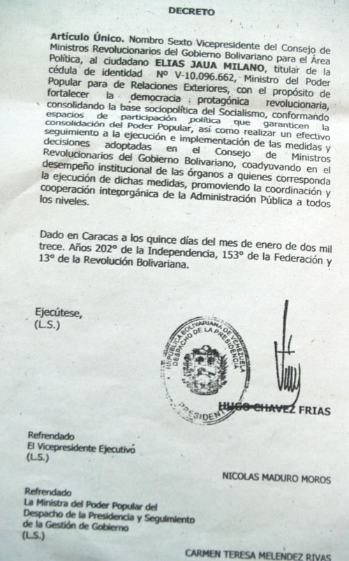 Firma de Chávez en Gaceta lo sitúa en Caracas