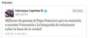 Capriles agradece al papa Francisco su preocupación por Venezuela