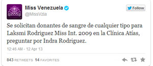 Solicitan donantes de sangre para la Miss Internacional 2009, Laksmi Rodriguez
