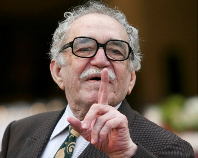 File photos shows Colombian Nobel Prize laureate Garcia Marquez gesturing as he attends a dinner in U.S. President Barack Obama's honor at the National Museum of Anthropology in Mexico City