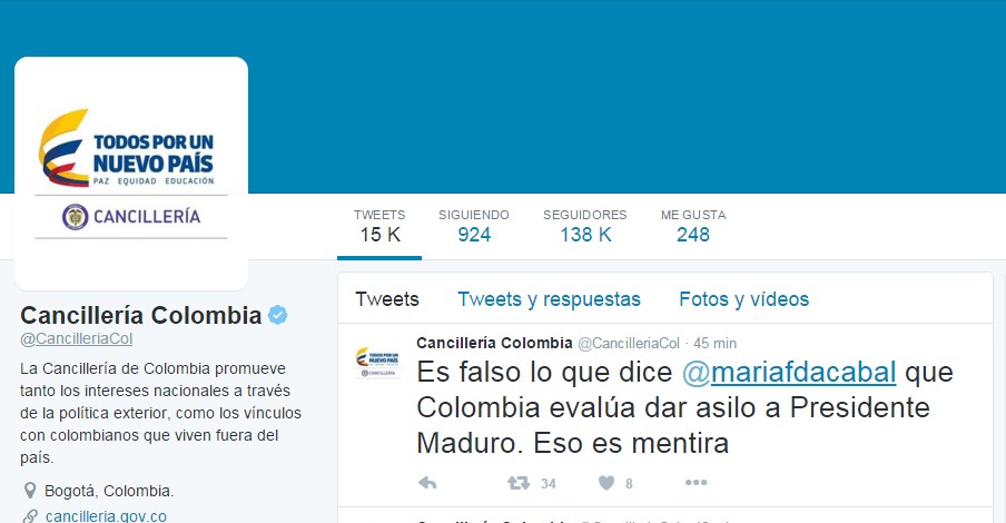 Cancillería colombiana desmiente supuesto asilo para Maduro