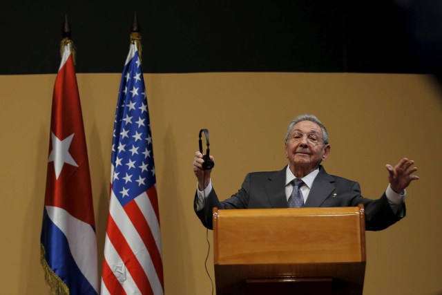 Cuban President Raul Castro gestures during a news conference with U.S. President Barack Obama (not pictured) as part of President Obama's three-day visit to Cuba in Havana