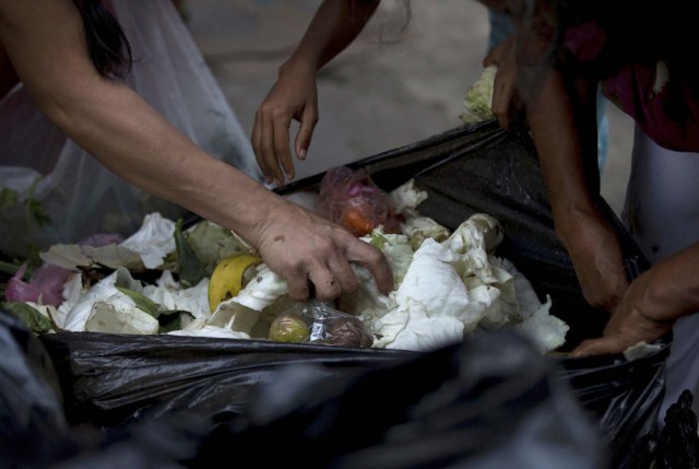 En esta imagen, tomada el 2 de junio de 2016, varias personas revisan bolsas de basura en busca de frutas y verduras en el exterior de un supermercado en el centro de Caracas, en Venezuela. A las personas desempleadas que buscan comida entre los alimentos que tiran las tiendas suelen unirse ahora propietarios de pequeños negocios, estudiantes universitarios o jubilados, personas que se consideran dentro de la clase media. El nivel de vida se ve afectado desde hace tiempo por una inflación de tres dígitos y escasez de alimentos, algo que lleva a muchos a recurrir a la agricultura urbana para devolver las verduras a su dieta. (AP Foto/Fernando Llano)