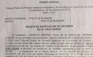 Este es el oficio que el Tribunal Cuarto de 1° Instancia de Bolívar envió al CNE regional (Documento)