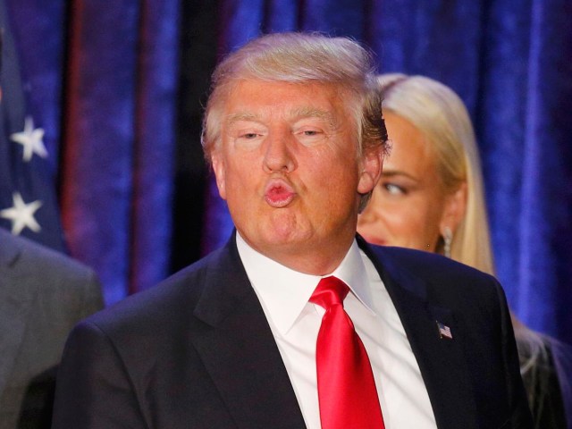 Republican U.S. presidential candidate Donald Trump makes a face as he and his wife Melania and members of their family leave the stage at his caucus night rally in Des Moines, Iowa February 1, 2016.      REUTERS/Scott Morgan