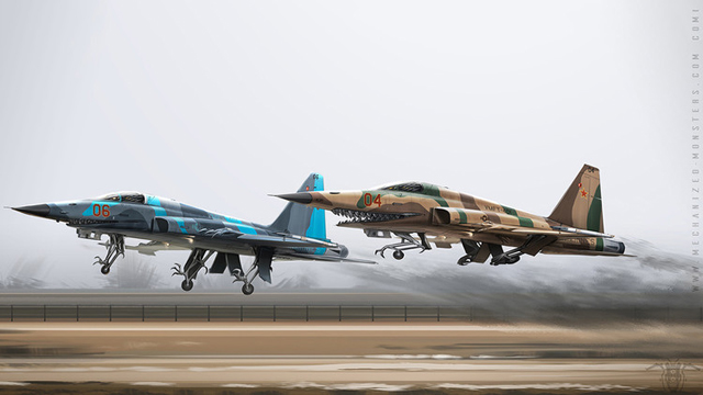 Dos aviones F-5 Freedom Fighter/Tiger II estadounidenses trasformados en una especie de dragones con garras y filosos dientes.