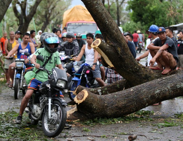 FRM101. Milaor (Philippines), 25/12/2016.- Filipino motorcycle riders maneuver next to a toppled tree in the typhoon-hit town of Milaor, Camarines Sur, Philippines, 26 December 2016. According to Office of Civil Defense (OCD) reports on 26 December, hundreds of thousands of villagers spent their Christmas day in evacuation centers in Bicol region, many flights were cancelled at Manila's internatioanal airport, and scores of sea vessels have reportedly sunk as Typhoon Nock-ten brought howling winds and strong rains in central Philippines. (Filipinas) EFE/EPA/EUGENIO LORETO