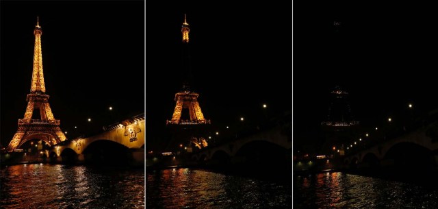 A combo picture shows the Eiffel Tower before (L) and during Earth Hour in Paris, France, March 25, 2017 at which lights are switched off around the world at 8:30 p.m. on Saturday evening to mark the 10th annual Earth Hour and to draw attention to climate change. REUTERS/Philippe Wojazer