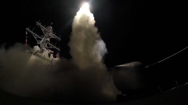 U.S. Navy guided-missile destroyer USS Porter (DDG 78) conducts strike operations while in the Mediterranean Sea which U.S. Defense Department said was a part of cruise missile strike against Syria on April 7, 2017. Ford Williams/Courtesy U.S. Navy/Handout via REUTERS ATTENTION EDITORS - THIS IMAGE WAS PROVIDED BY A THIRD PARTY. EDITORIAL USE ONLY.