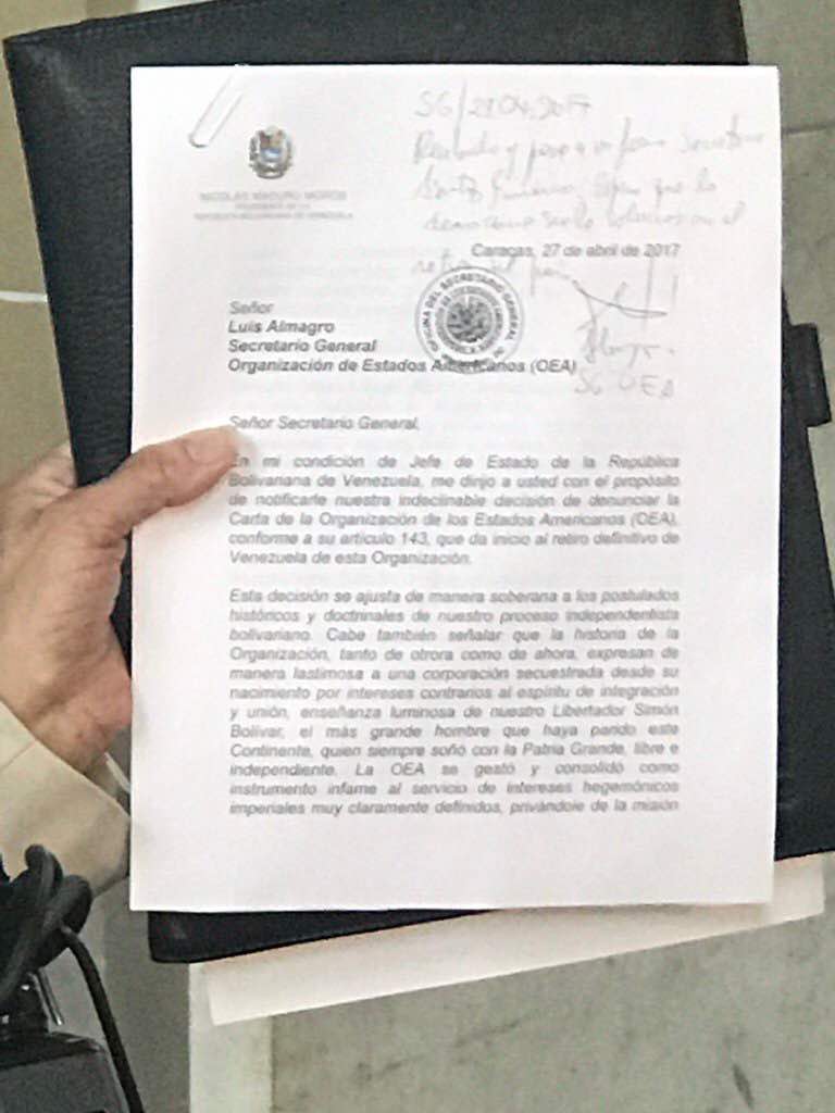 Esta es la carta de Maduro a Almagro para sacar a Venezuela de la OEA (DOCUMENTO)