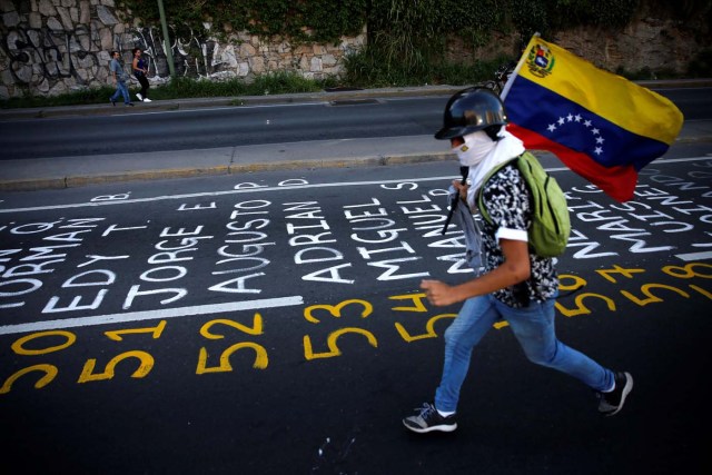 A demonstrator carries a Venezuelan flag as he runs next to a list of the victims of the violence during protests against Venezuela's president Nicolas Maduro government in Caracas, Venezuela, June 12, 2017. REUTERS/Ivan Alvarado