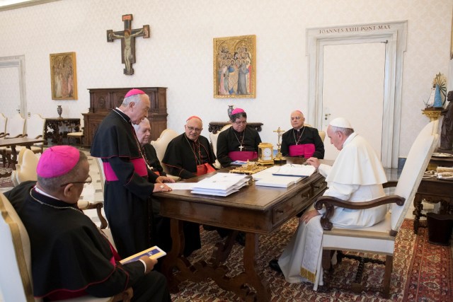 Pope Francis attends a meeting with cardinals and bishops, members of the Venezuelan Episcopal Conference, at the Vatican June 8, 2017. Osservatore Romano/Handout via REUTERS ATTENTION EDITORS - THIS IMAGE WAS PROVIDED BY A THIRD PARTY. EDITORIAL USE ONLY. NO RESALES. NO ARCHIVE.