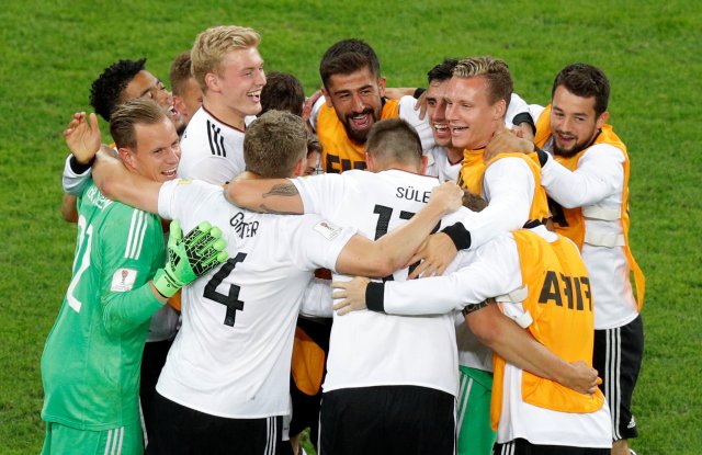 Soccer Football - Chile v Germany - FIFA Confederations Cup Russia 2017 - Final - Saint Petersburg Stadium, St. Petersburg, Russia - July 2, 2017 Germany’s Marc-Andre ter Stegen (L) and team mates celebrate at the end of the match REUTERS/Maxim Shemetov