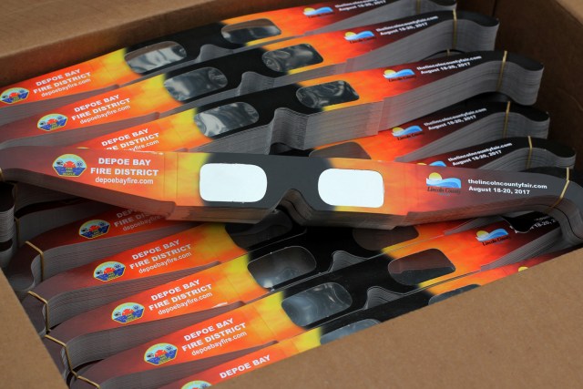 Solar eclipse glasses that will be handed out by the community are pictured in Depoe Bay, Oregon, U.S., August 8, 2017.  REUTERS/Jane Ross