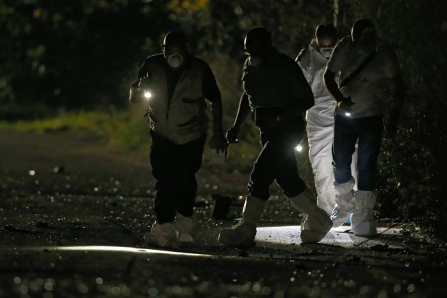 Forensic experts use lights as they look for evidence on a road near a field after a powerful bomb blew up a car and killed investigative journalist Daphne Caruana Galizia in Bidnija, Malta, October 16, 2017. REUTERS/Darrin Zammit Lupi