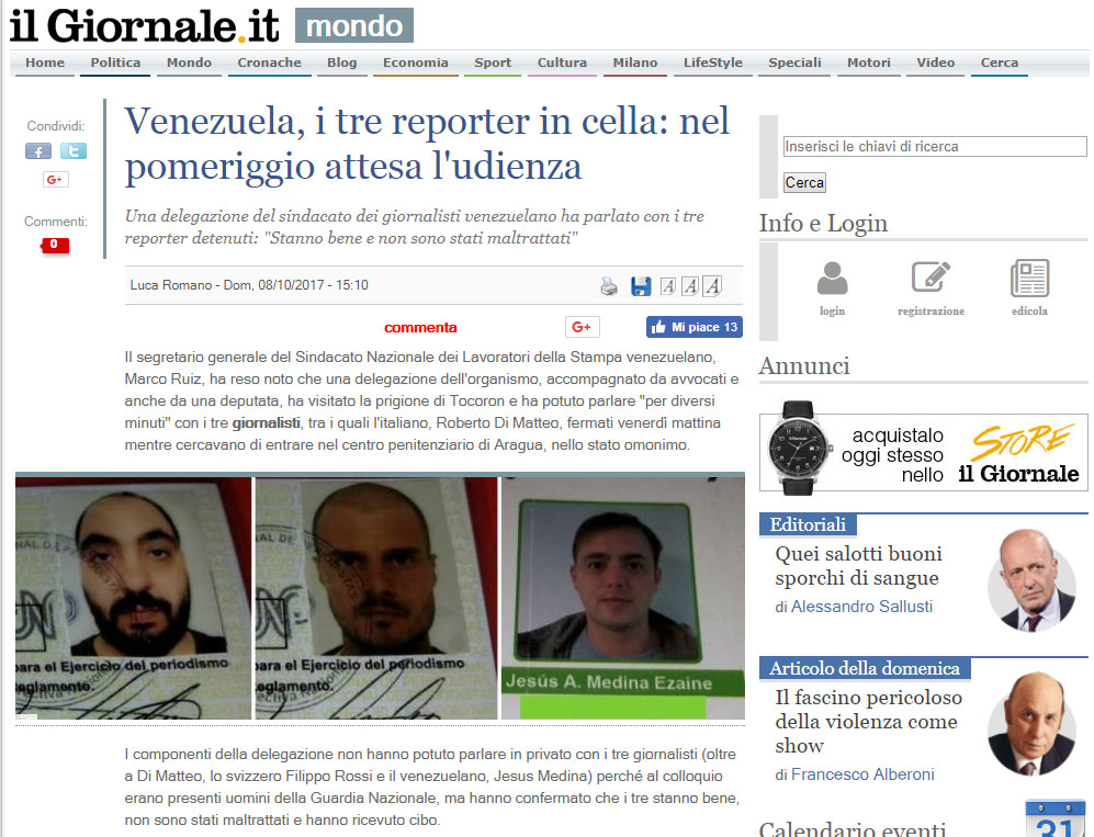 Así reseña la prensa italiana detención de periodistas en Tocorón (imágenes)