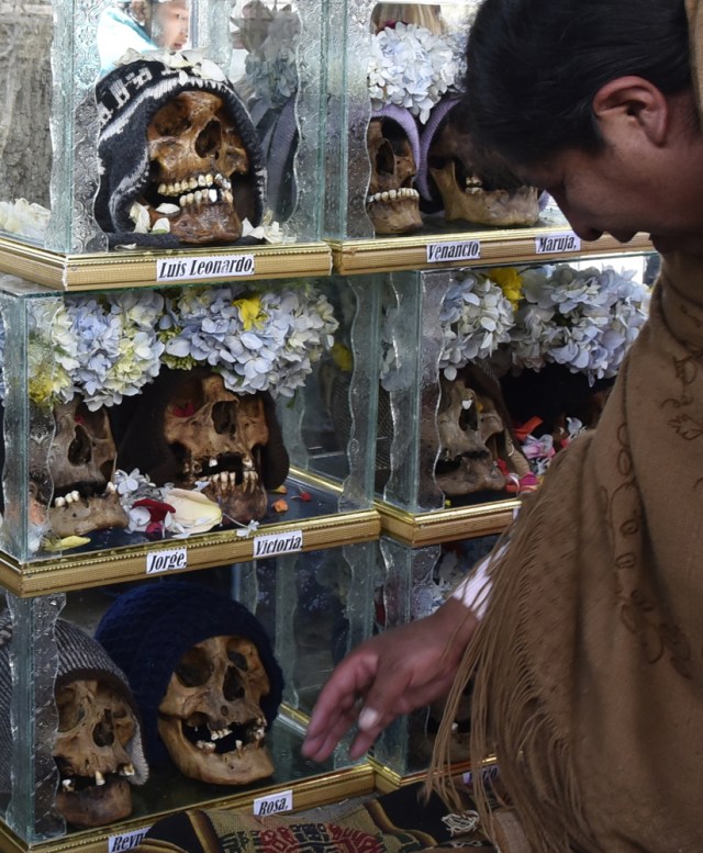 A devotee adorns her "natitas" (snub-nosed) human skulls at the Central Cemetery of La Paz, during the annual traditional ritual on November 8, 2017. The "natitas" are meant to protect their owners, who keep them at home all year long and bring them to the cemetery chapels every November 8 to perform rituals which end up in a traditional party. / AFP PHOTO / Aizar RALDES