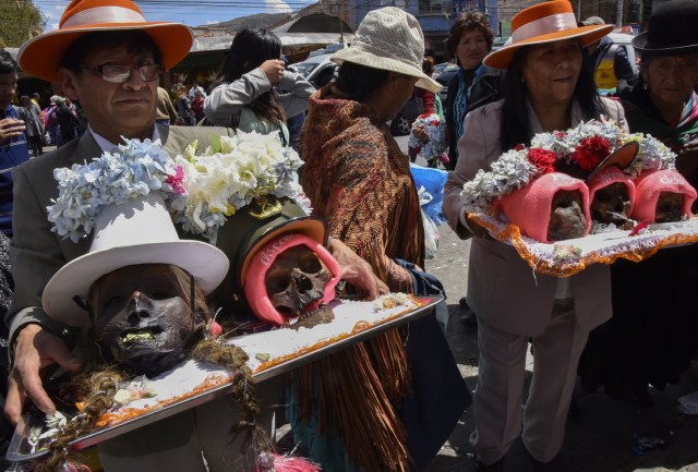 Devotees arrive with their "natitas" (snub-nosed) human skulls at the Central Cemetery of La Paz, during the annual traditional ritual on November 8, 2017. The "natitas" are meant to protect their owners, who keep them at home all year long and bring them to the cemetery chapels every November 8 to perform rituals which end up in a traditional party. / AFP PHOTO / Aizar RALDES