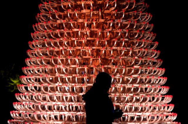 A visitor views a sculpture illuminated at the Kew Gardens light trail at Kew in west London, Britain, November 21, 2017. REUTERS/Toby Melville