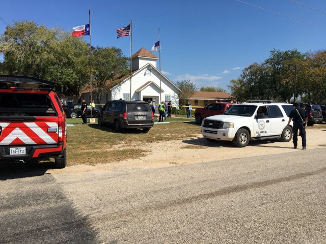 The area around a site of a mass shooting is taped out in Sutherland Springs, Texas, U.S., November 5, 2017, in this picture obtained via social media. MAX MASSEY/ KSAT 12/via REUTERS THIS IMAGE HAS BEEN SUPPLIED BY A THIRD PARTY. MANDATORY CREDIT.NO RESALES. NO ARCHIVES