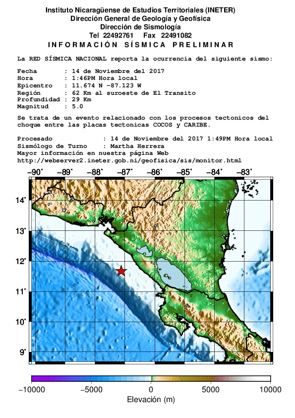 Sismo de magnitud 5 en Nicaragua sacude costa del pacífico