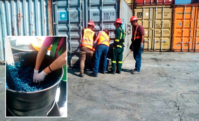 El contenedor con los barriles que contienen la millonaria carga de cocaína líquida (foto inserta) ya está bajo resguardo especial de la Policía Nacional de Honduras.