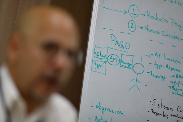 Workflow and design info regarding Vippo app is seen on a whiteboard as Vippo's leader Miguel Leon talks during an interview with Reuters, in Caracas, Venezuela January 11, 2018. Picture taken January 11, 2018. REUTERS/Marco Bello