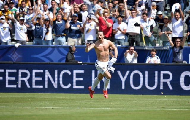 March 31, 2018; Carson, CA, USA; Los Angeles Galaxy forward Zlatan Ibrahimovic (9) celebrates his goal scored against Los Angeles FC during the second half at StubHub Center. Mandatory Credit: Gary A. Vasquez-USA TODAY Sports