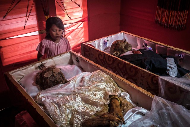 PIC BY Claudio Sieber / CATERS NEWS - (PICTURED Yohanis 77 years old (right), past away 2 weeks ago. His wife Alfrida Tottong Tikupadang, 65 years old, passed away 5 years ago (left).) THESE images show a unique insight into the village where the living dig up their dead relatives to clean their bones and to dress them up. The dead can even remain in homes for decades until the family throw a huge party in their honour. The corpses are treated as sick until they finally find peace after funeral rites known as Rambu Solo The bizarre ritual was pictured in South Sulawesi, Indonesia, where even buried relatives are taken out of their coffins for new outfits and a bone polish. SEE CATERS COPY