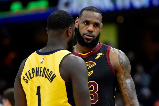 Apr 15, 2018; Cleveland, OH, USA; Cleveland Cavaliers forward LeBron James (23) stands beside Indiana Pacers guard Lance Stephenson (1) in the fourth quarter in game one of the first round of the 2018 NBA Playoffs at Quicken Loans Arena. Mandatory Credit: David Richard-USA TODAY Sports
