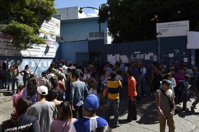 Venezuelans queue outside a polling station as they wait to cast their vote during the presidential elections in Caracas on May 20, 2018 Venezuelans headed to the polls early Sunday to vote in the general elections as incumbent president Nicolas Maduro is seeking a second term in power. / AFP PHOTO / Federico Parra