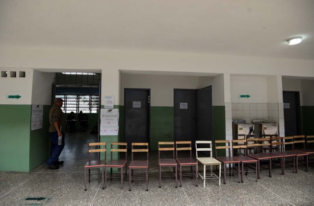 Venezuelan electoral officials waits for voters at an empty polling station during the presidential elections in Caracas on May 20, 2018 Venezuelans, reeling under a devastating economic crisis, began voting Sunday in an election boycotted by the opposition and condemned by much of the international community but expected to hand deeply unpopular President Nicolas Maduro a new mandate / AFP PHOTO / Juan BARRETO