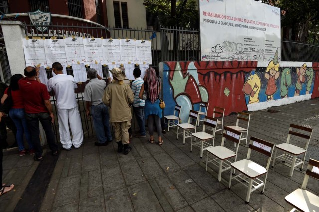 Venezuelans look for their names at a polling station before casting their vote during presidential elections in Caracas on May 20 Venezuelans, reeling under a devastating economic crisis, began voting Sunday in an election boycotted by the opposition and condemned by much of the international community but expected to hand deeply unpopular President Nicolas Maduro a new mandate / AFP PHOTO / Juan BARRETO