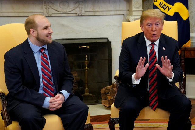 U.S. President Donald Trump talks to the media as he greet Josh Holt, an American missionary who was released by Venezuela, in the Oval Office of the White House in Washington, U.S., May 26, 2018. REUTERS/Yuri Gripas