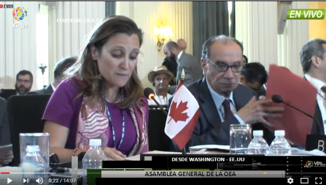 Chrystia Freeland, Embajadora de Canadá en la OEA. Foto: Captura de pantalla
