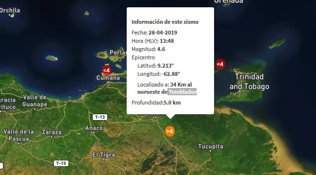 Sismo de magnitud 4.6 al noroeste de Monagas
