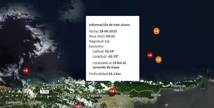 Sismo de magnitud 3.6 al suroeste de Irapa