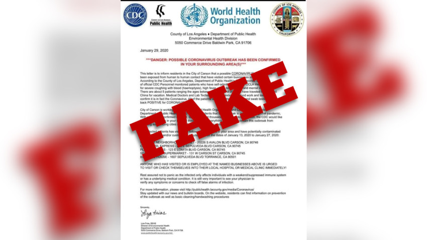 Advierten de carta falsa sobre brote de coronavirus en Carson