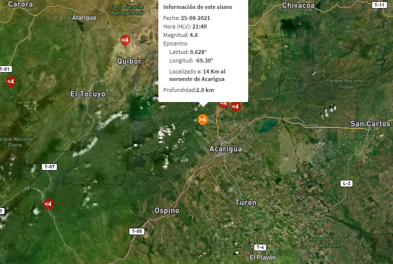 Se registró fuerte sismo de magnitud 4.6 al noroeste de Acarigua
